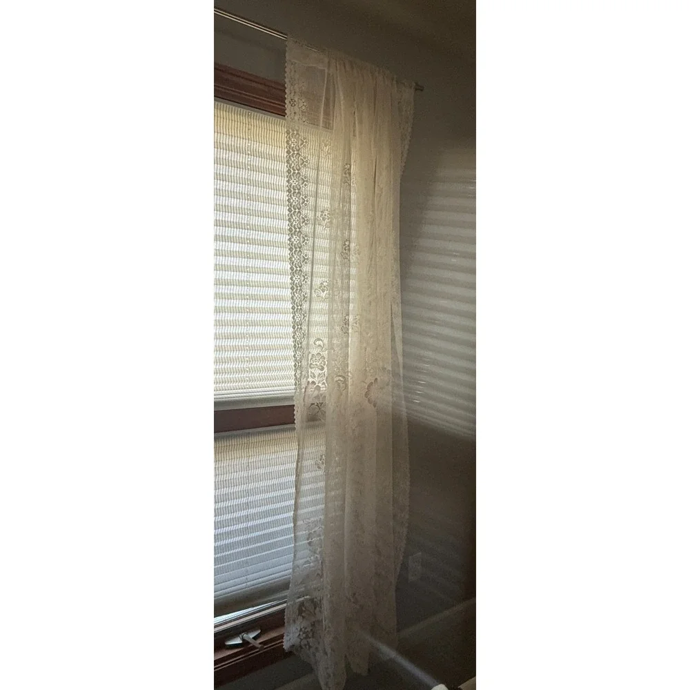 Vintage Ivory Lace Sheer Window Curtain Panel Pink Floral Cottage Shabby Chic (2